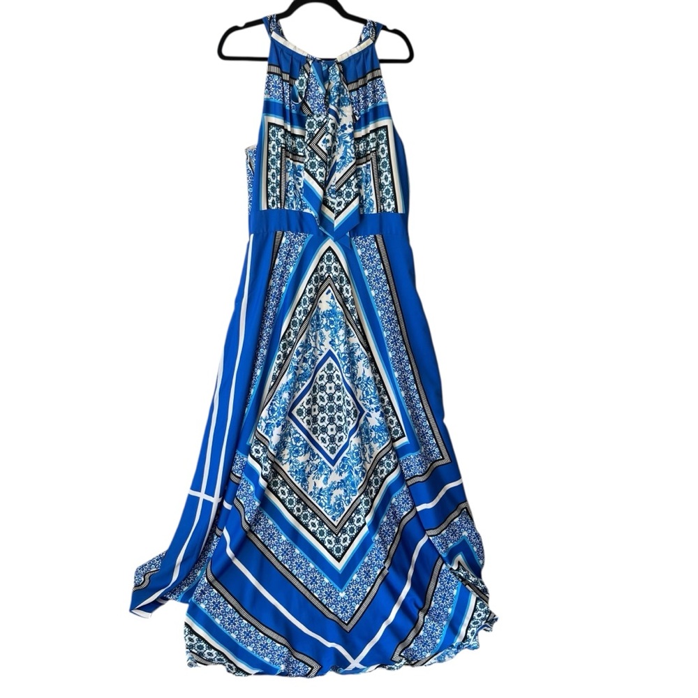 Eliza J Blue & White Geometric Halter Maxi Dress